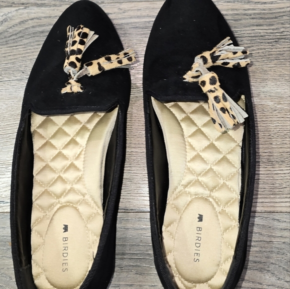 Birdies Flats Shoes Loafers The Blackbird Black Suede Cheetah Tassel 6.5 - Picture 8 of 9